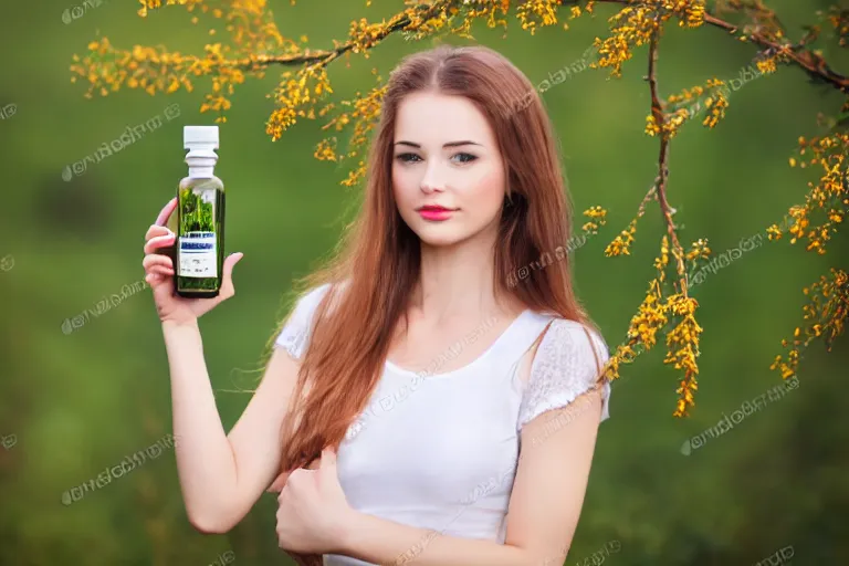 Prompt: beautiful girl holding a bottle of hawthorn tincture in her hands, professional shooting, model shooting, high quality, professional light,