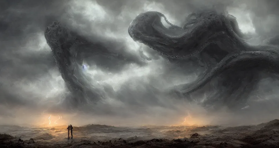 Image similar to lovecraftian eldritch!! giant alien!! wrapped in clouds on a black desert, snowy, windy, by eugene von guerard, ivan shishkin, night, lightning!!, storm!, dramatic lighting, concept art, trending on artstation, 8 k