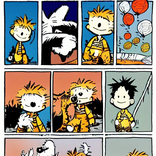 Prompt: Calvin and Hobbes in the style of Bill Waterson, single panel, full colour,