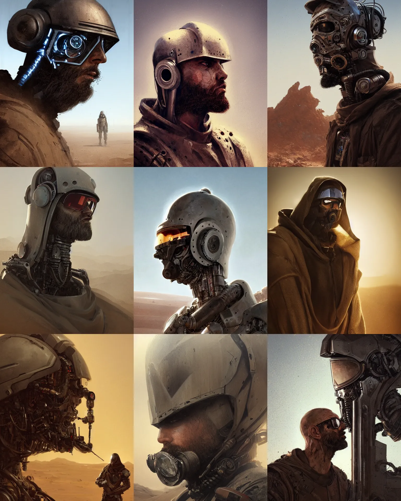 Prompt: a bearded hooded rugged engineer man with cybernetic enhancements lost in the desert, scifi character portrait by greg rutkowski, esuthio, craig mullins, 1 / 4 headshot, cinematic lighting, dystopian scifi gear, gloomy, profile picture, mechanical, half robot, implants, steampunk