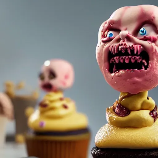 Prompt: ice cream cupcake shaped like screaming chucky doll, octane render, centered, highly detailed