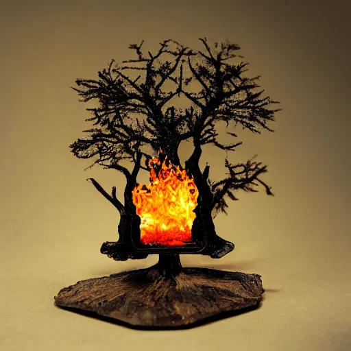 Image similar to tree engulfed in flames by Diane Arbus and Louis Daguerre. highly detailed. 85mm, Bokeh