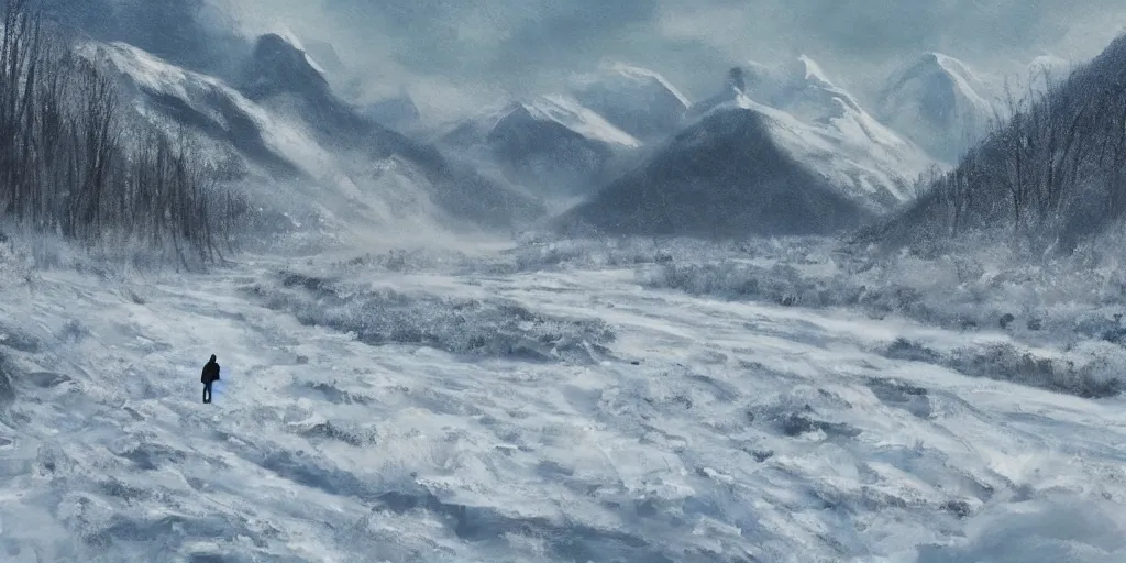 Image similar to A majestic landscape featuring a river, mountains and a forest. A small group of birds is flying in the sky. Harsh winter. very windy. There is a man walking in a deep snow.Camera is positioned behind the man. Cinematic, very beautiful, painting in the style of Lord of the rings