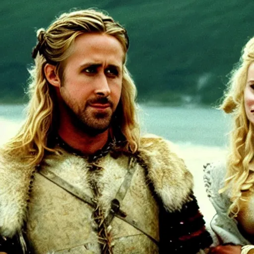 Image similar to still of ryan gosling and margot robbie, in a viking movie ( 1 9 8 6 )