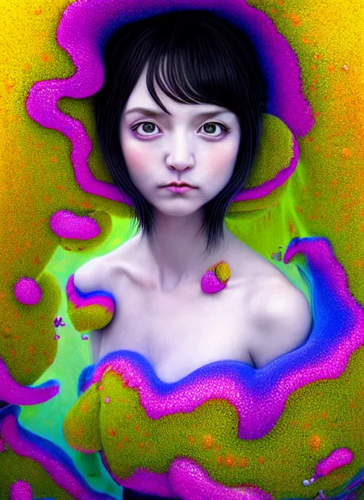 Image similar to hyper detailed 3d render like a Oil painting - kawaii portrait Aurora (black haired Fae) seen Eating of the Strangling network of yellowcake aerochrome and milky Fruit and Her delicate Hands hold of gossamer polyp blossoms bring iridescent fungal flowers whose spores black the foolish stars by Jacek Yerka, Mariusz Lewandowski, Houdini algorithmic generative render, Abstract brush strokes, Masterpiece, Edward Hopper and James Gilleard, Zdzislaw Beksinski, Mark Ryden, Wolfgang Lettl, hints of Yayoi Kasuma, octane render, 8k