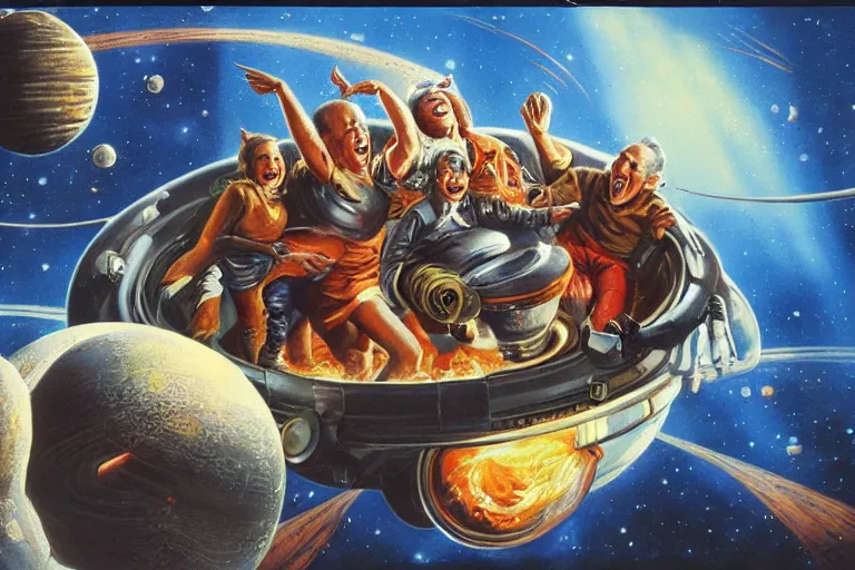 Prompt: a picture of a laughing family in a alien space ship, a detailed action painting by mort kunstler, pixiv, kitsch movement, ( ( burning earth in background ) ), movie poster, official art