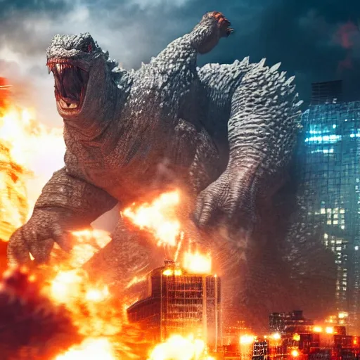 Image similar to giant white man fighting Godzilla in the city, 4k