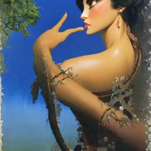 Prompt: a oil painting of a fair skin with dark curly stylised hair queen wearing dress, by hans emmenegger, by bruce pennington, by eyvind earle, by nicholas roerich, by frank frazetta, by georgia o keeffe, by dean cornwell, highly detailed, realistic, concept art, jewels, tiles curtains, oriental, desaturated