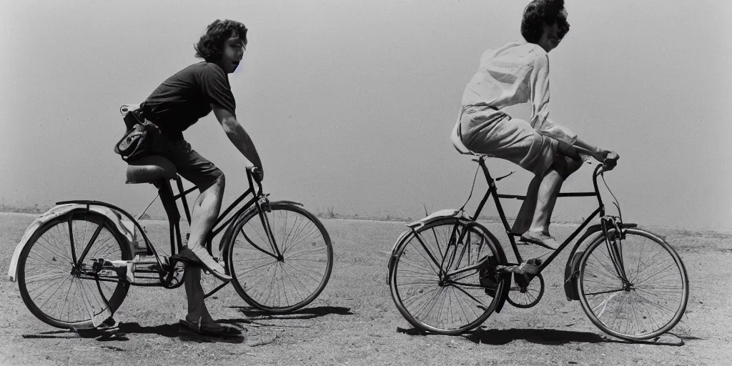 Image similar to a young man riding a bicycle under a clear blue sky, 7 0 s photograph, 4 k