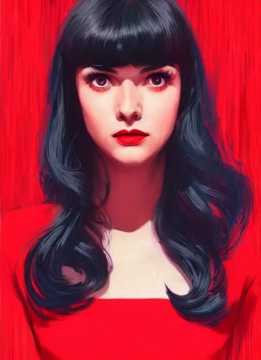 Image similar to portrait of veronica lodge with bangs, 1 9 6 0 s, long hair, red clothes, bangs, intricate, elegant, glowing lights, highly detailed, digital painting, artstation, concept art, smooth, sharp focus, illustration, art by wlop, mars ravelo and greg rutkowski