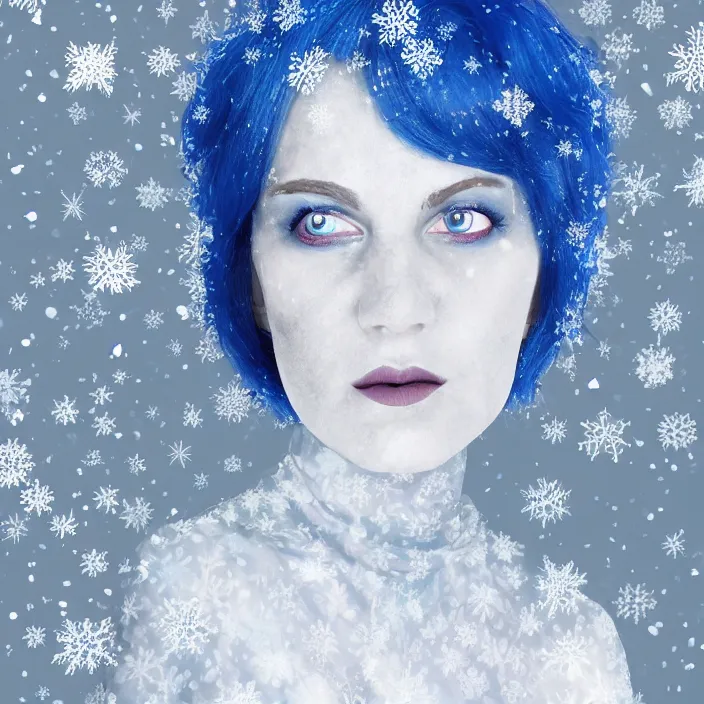 Image similar to a woman wearing a highneck dress made out of snowflakes. she is sickly looking and dying of hypothermia. very pale and blue lips. pale blue hair. full body digital portrait by maromi sagi