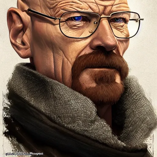 Image similar to Walter White as a Witcher, D&D, fantasy, intricate, elegant, highly detailed, digital painting, artstation, concept art, matte, sharp focus, illustration, hearthstone, art by Artgerm and Greg Rutkowski and Alphonse Mucha