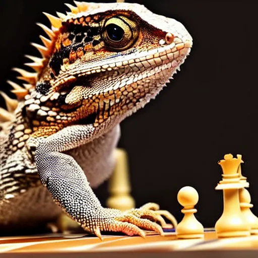 Image similar to a Bearded dragon playing chess against a Salamander, national geographic photo