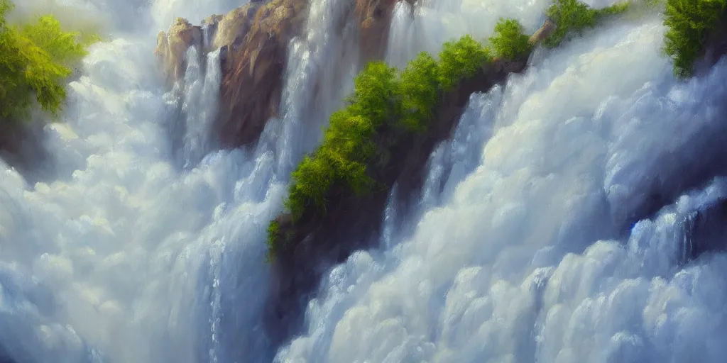 Prompt: a waterfall cascading onto a clouds, extremely detailed oil painting, digital art, landscape painting, trending on artstation, masterpiece