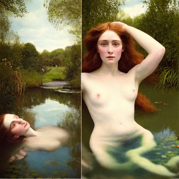 Prompt: Kodak Portra 400, 8K, soft light, volumetric lighting, highly detailed, britt marling style 3/4 ,portrait photo of a beautiful woman how pre-Raphaelites painter, the face emerges from the water of a pond with water lilies, in the pose of Ophelia Millais, a beautiful lace dress and hair are intricate with highly detailed realistic beautiful flowers , Realistic, Refined, Highly Detailed, natural outdoor soft pastel lighting colors scheme, outdoor fine art photography, Hyper realistic, photo realistic