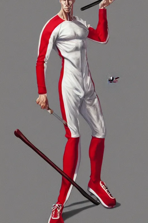 Image similar to full body view of a very skinny white man super villain that wears a red adidas track suit and wields two oars as weapons, his super power is the power to bore, comic book art by artgerm and alex ross, featured on artstation, cgsociety