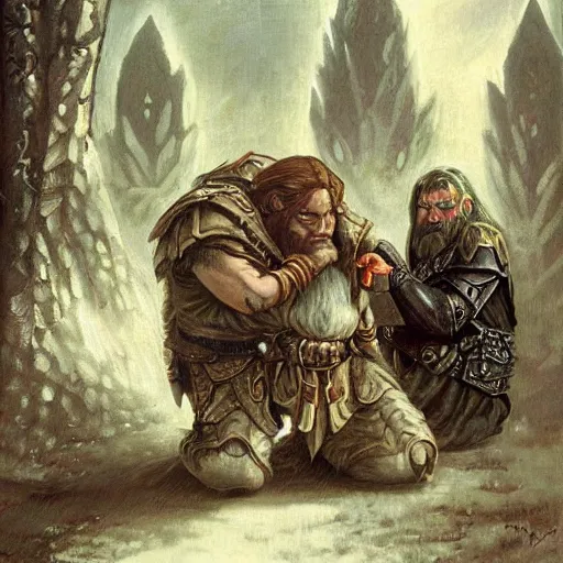 Image similar to a dwarf paladin comforting an elven female ranger. Grimdark fantasy art by Gerald Brom