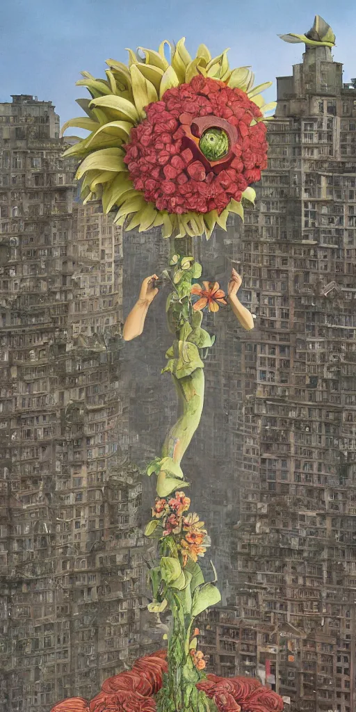 Prompt: giant grotesque flower in the middle of abandoned early soviet constructivist cityscape, Stalinist architecture, ultradetailed by Hayao Miyazaki and Josan Gonzalez and Makoto Shinkai and Giuseppe Arcimboldo and Wes Anderson