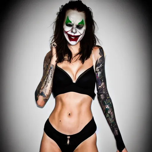 Prompt: fully body pose, photo of a very beautiful!! victoria secret model, the joker, fully tattooed, 8 k, hdr, smooth, sharp focus, high resolution, award - winning photo, trending on artstation, dslr, 5 0 mm c 1 5. 0