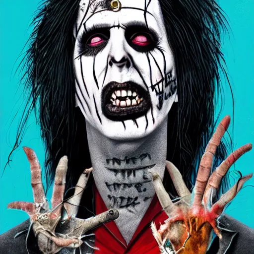 Image similar to graphic illustration, creative design, alice cooper as marilyn manson, biopunk, francis bacon, highly detailed, hunter s thompson, concept art, mixed media 1 6. 0