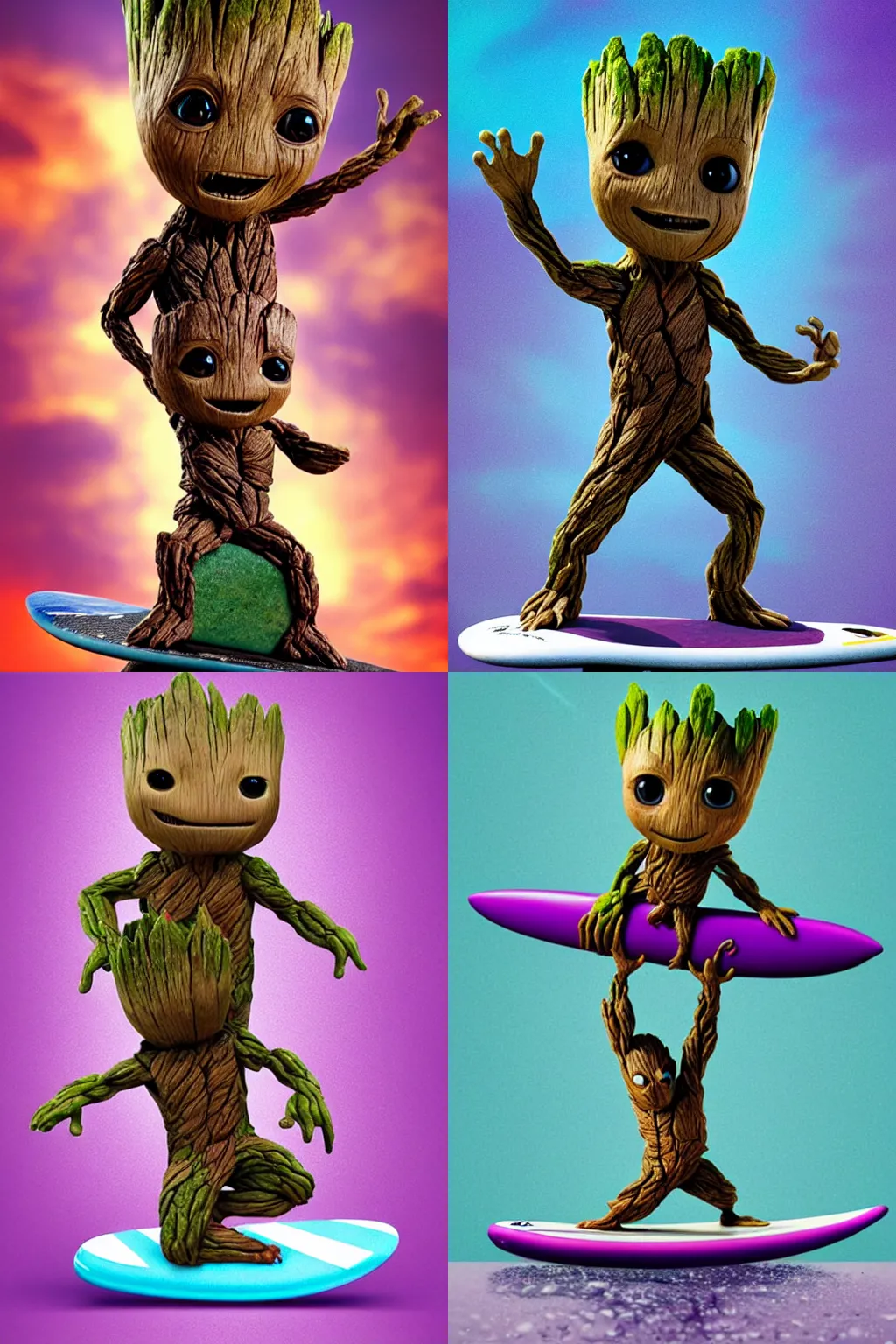 Prompt: little Groot is riding a surfboard shapes like a bar of purple soap, cinematic angle, poster style