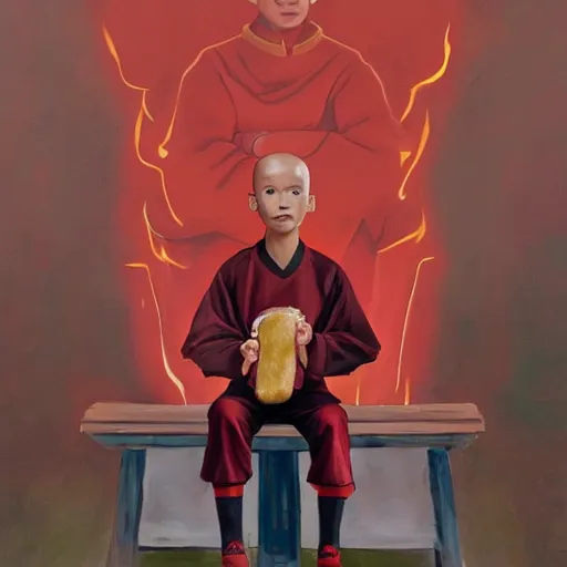 Image similar to a painting portrait of the last airbender in an arsenal jersey holding a hot dog,