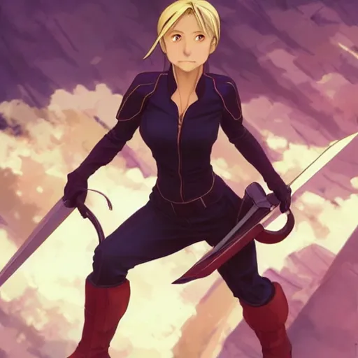 Image similar to Riza Hawkeye from Fullmetal Alchemist, fantasy, intricate, elegant, highly detailed, digital painting, artstation, concept art, matte, sharp focus, illustration, art by Artgerm and Greg Rutkowski and Alphonse Mucha