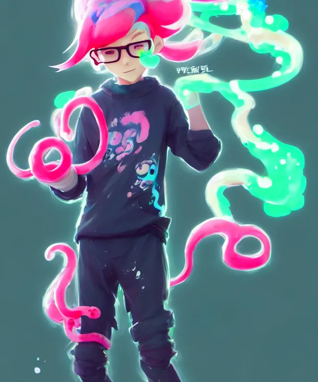 Image similar to a beautiful fullbody portrait of a cute splatoon anime boy with pink hair and green eyes wearing sports clothing leggings. character design by cory loftis, fenghua zhong, ryohei hase, ismail inceoglu and ruan jia. artstation, volumetric light, detailed, photorealistic, fantasy, rendered in octane