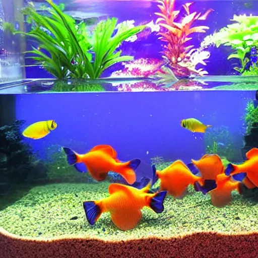 Image similar to hexagonal goldfish in an aquarium, ghibli style