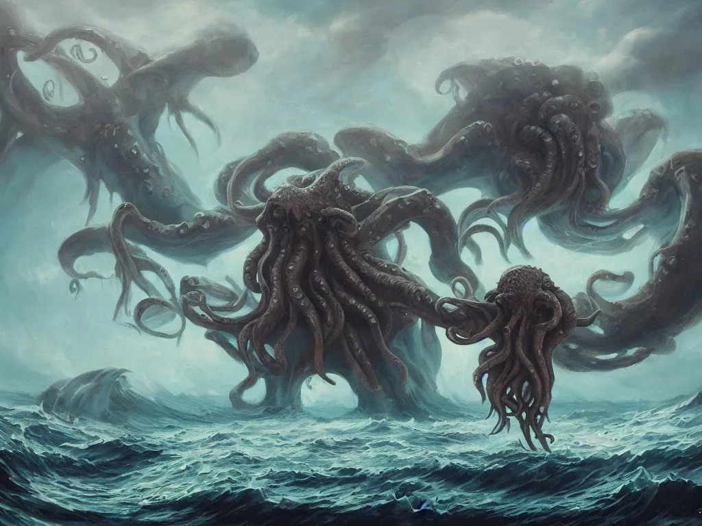 Prompt: oil painting of Cthulhu rising from the ocean, epic scene, gigantic monster, peter mohrbacher