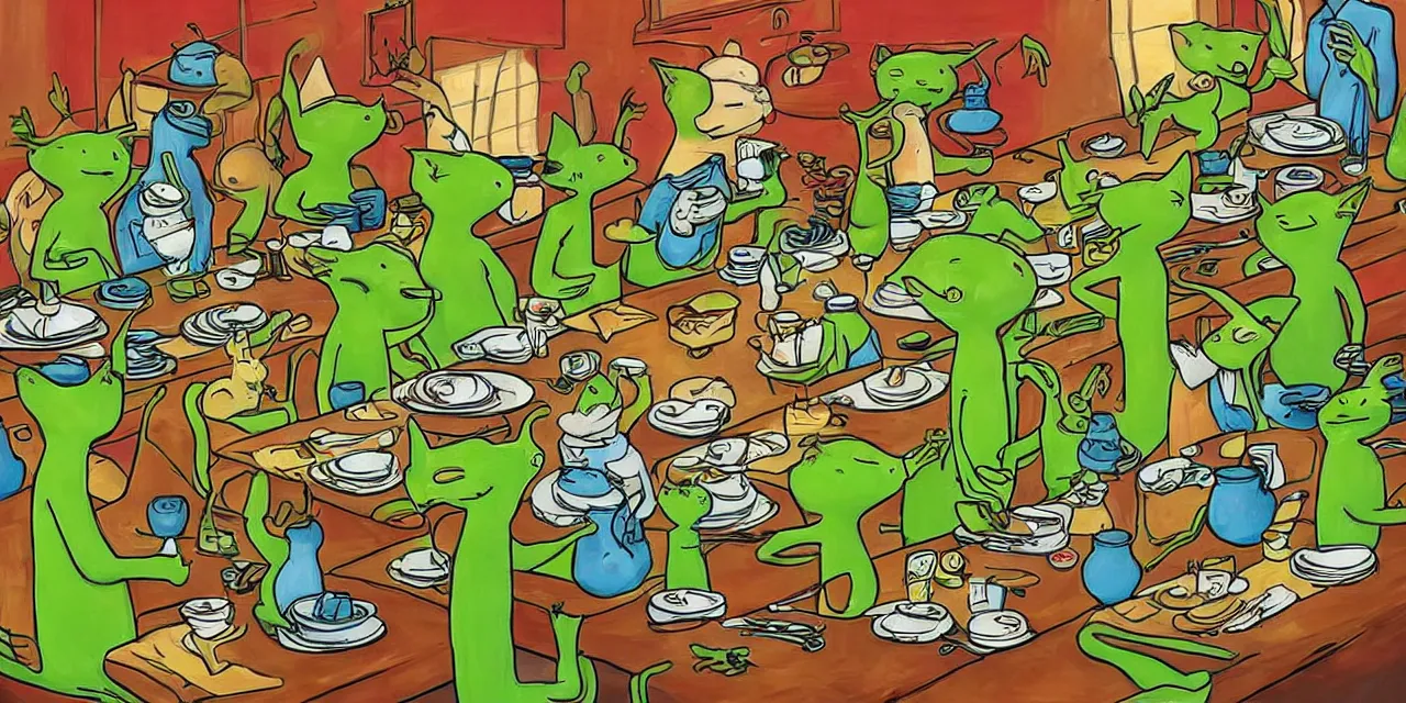Prompt: long table big family style diner in the artistic style of slightly surreal cat in the cat book iconography but replace cat with little green aliens wearing costumes highly detailed