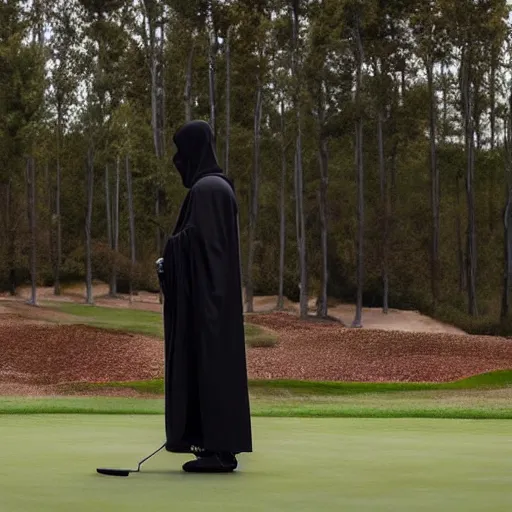 Image similar to the grim reaper standing stoic in black robe, waiting patiently, on a golf course while people play golf, perfect composition, by edmond leighton, simon stalenhag