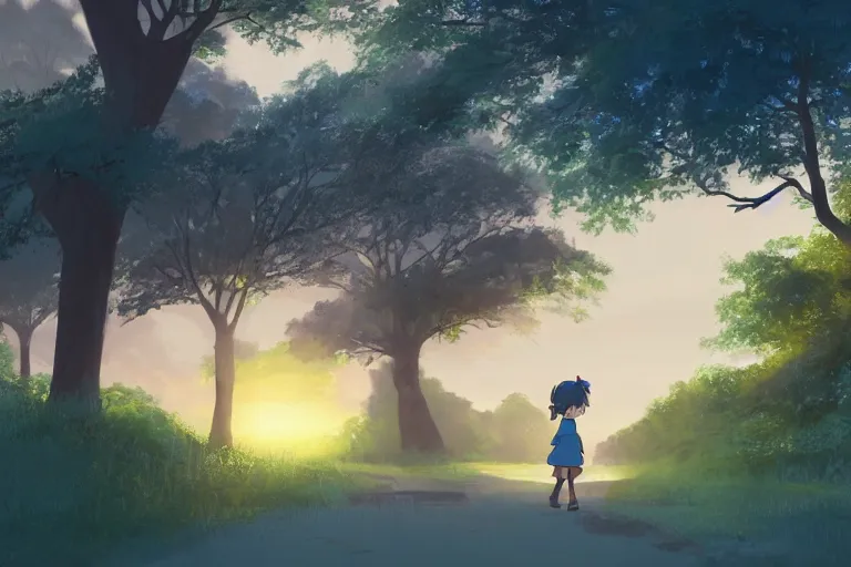 Image similar to a young girl walking to school with her pet fox, matte painting in the style of studio ghibli, early morning light, sunrise, cinematic lighting