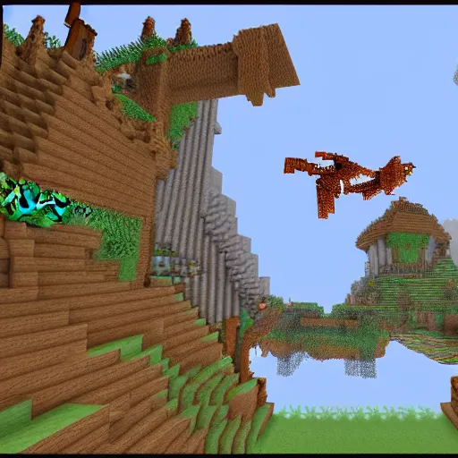 Image similar to a medieval style minecraft map with dragons soaring through the skies