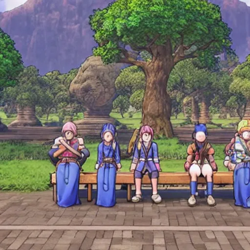 Image similar to a some people waiting in a lone bus stop in Dragon Quest XI, detailed