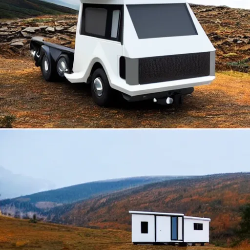 Image similar to concept flatbed truck with modern tinyhouse, minimalistic design, mountain road landscape