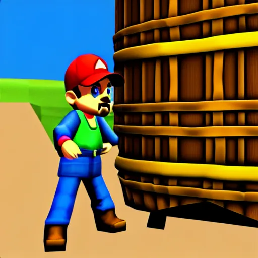 Prompt: jessie pinkman and walter moving barrel, nintendo 6 4 screenshot, low poly, aliased