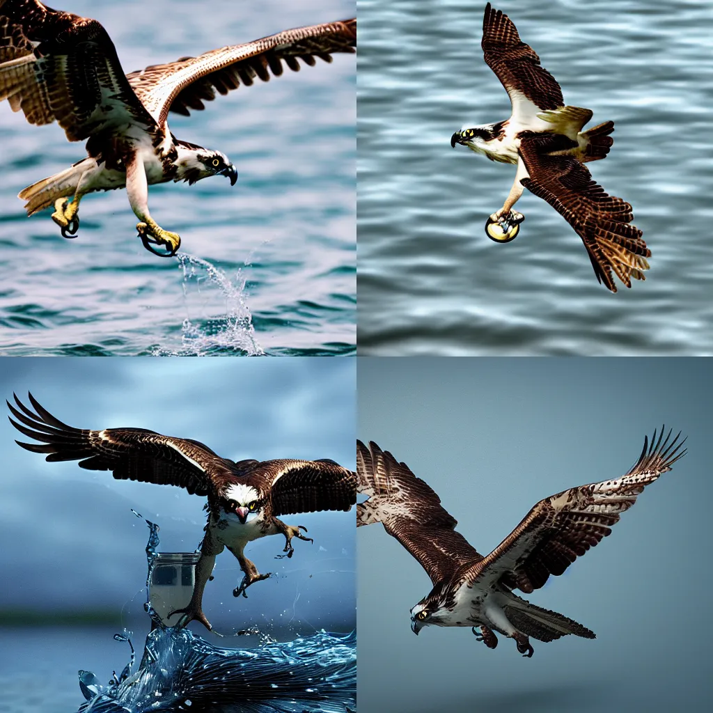 Prompt: Osprey catching a fish, hyper realism, cinematic, high detail, 8k, octane render, depth of field