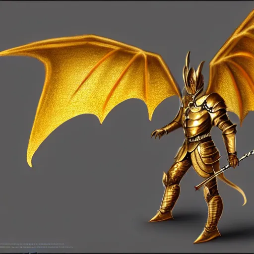 Prompt: an anthro winged dragon in a golden medieval armor, holding a sword, digital art, fantasy art, matte painting, trending on Artstation