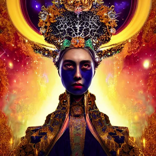 Image similar to a beautiful empress portrait, with a brilliant, impossible striking big cosmic galaxy headpiece, clothes entirely made out of cosmos chaos energy, symmetrical, dramatic studio lighting, rococo, baroque, jewels, asian, hyperrealism, closeup, D&D, fantasy, intricate, elegant, highly detailed, digital painting, artstation, octane render, 8k, concept art, matte, sharp focus, illustration, art by Artgerm and Greg Rutkowski and Alphonse Mucha