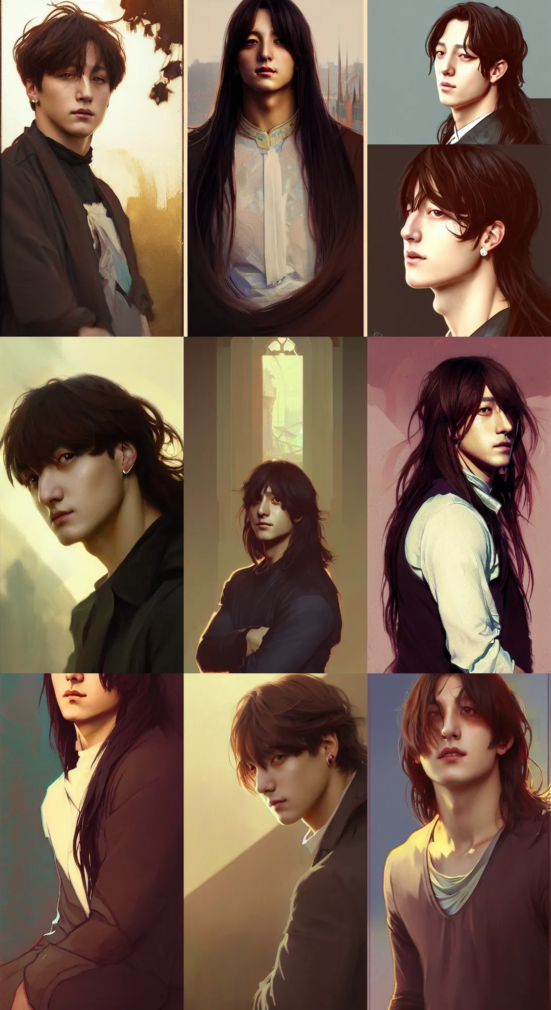 Prompt: Portrait of Jungkook with long straight hair, digital painting, artstation, concept art, sharp focus, illustration, art by greg rutkowski and alphonse mucha official art, award-winning, afternoon overexposed sunlight, strong shadows)