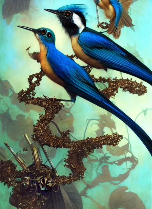 Image similar to hyper realistic paradise flycatcher, refined details, denoised, birds eye view, magical, gems, jewels, gold, steampunk, cyberpunk utopia, painted by tom bagshaw, mucha, gaston bussiere, craig mullins, j. c. leyendecker 8 k