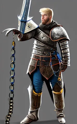 Image similar to highly detailed concept art of a rugged young knight with blonde hair and blue eyes and a short beard wearing a blue shirt over chain mail and steel pauldrons and a yellow cape and leather boots holding a shield and a warpick, concept art by Greg Rutkowski, realistic, masterpiece, ArtStation