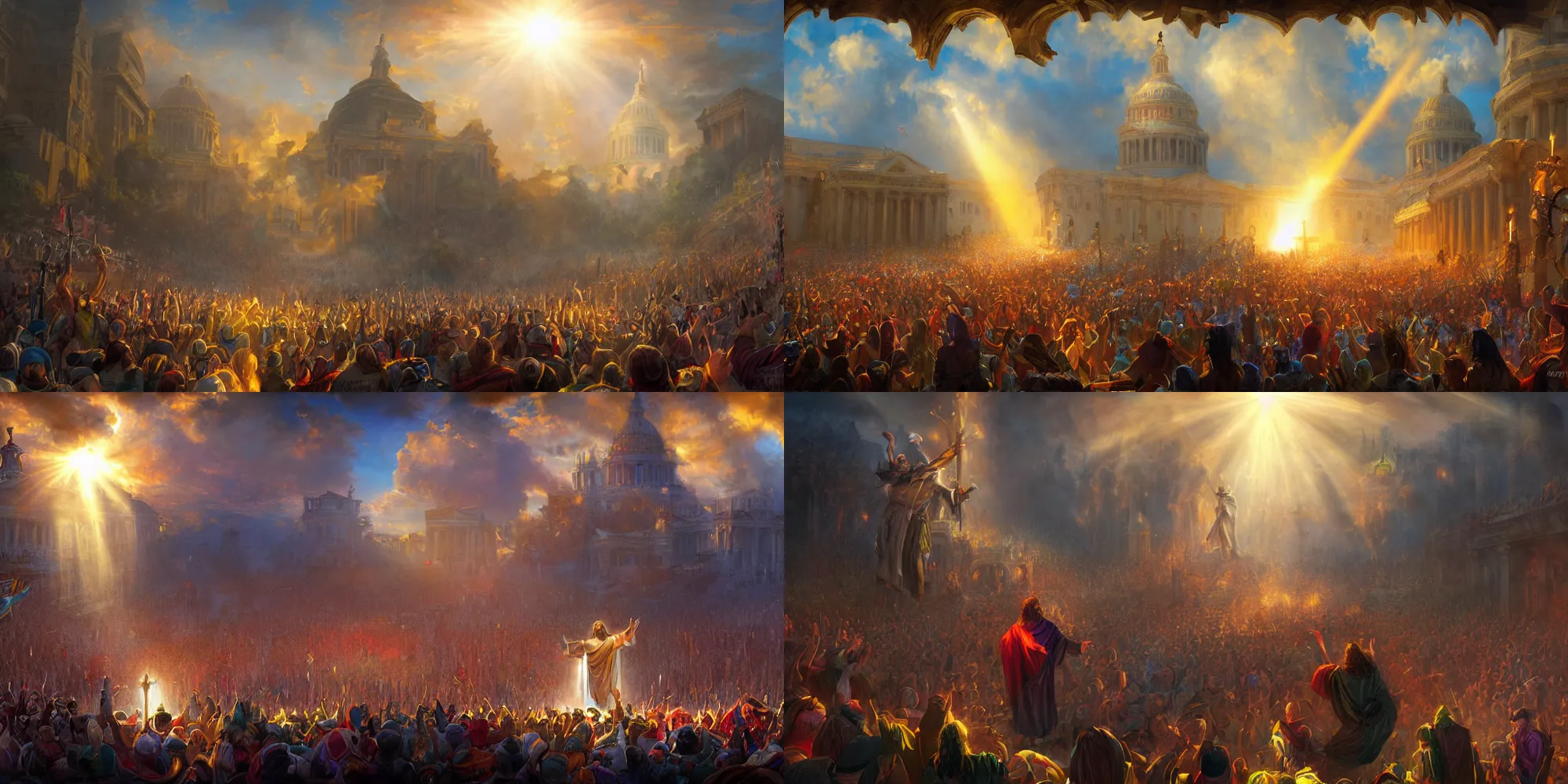 Prompt: jesus at the capitol riot, god rays, wide angle, fantasy art, matte painting, sharp focus, vibrant colors, high contrast, illustration, art by justin gerard