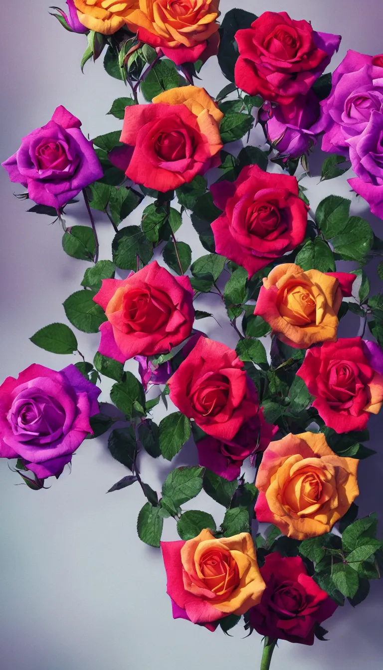 Prompt: multi colorful beautiful rose flowers from single stem, volumetric dramatic light, dark black background, sharp focus, highly realistic, octane render, art by greg rutsowski