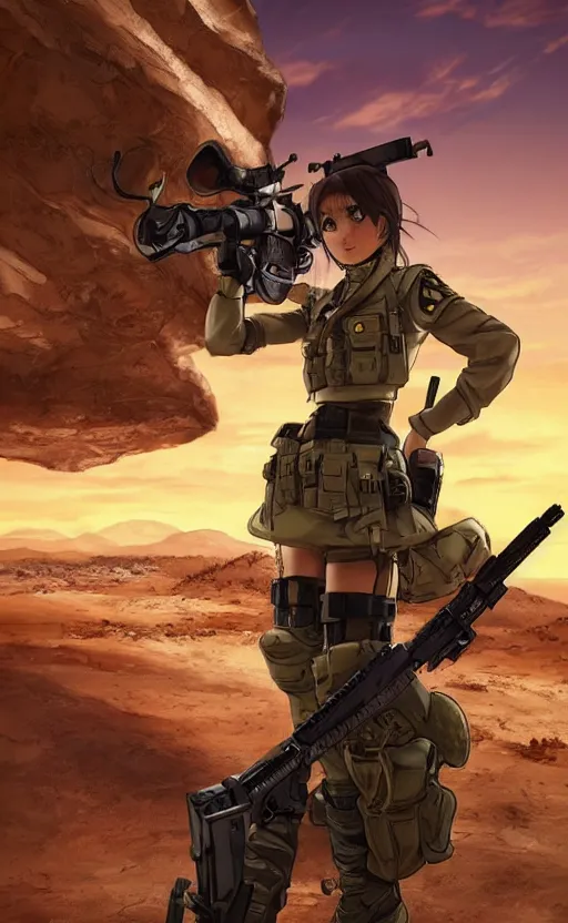 Image similar to portrait of a female soldier, highly detailed, high resolution, desert in the background, anime style, stunning, girls frontline style, bokeh soft, 3d rendering, guilty gear strive graphics, 100mm, trending on instagram, by 3d artist, realistic human anatomy, realistic military carrier, modern warfare, realistic weapon, shot with a arriflex 35 ii, low saturation, small eyes