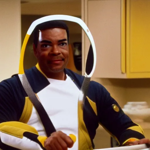 Image similar to Geordi LaForge wearing visor and a colander and random kitchen tools on his head