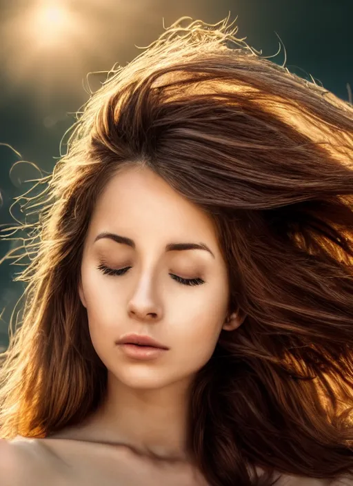 Image similar to a very beautiful still of a beautiful brown - haired woman with her head leaning backwards, golden ray of light across her face, eyes closed, front shot, close - up, hyper detailed, high contrast, bokeh background, realistic, digital art by irak linadar, sharp focus, golden, delicate, sunlight, dark background, 4 k