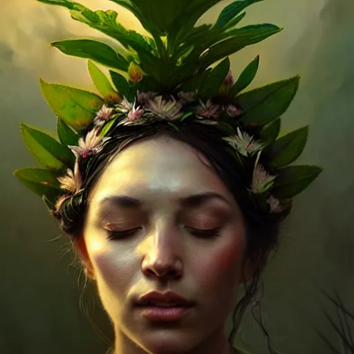 Image similar to a beautiful portrait of a plant goddess with closed eyes by Greg Rutkowski and Raymond Swanland, Trending on Artstation, ultra realistic digital art