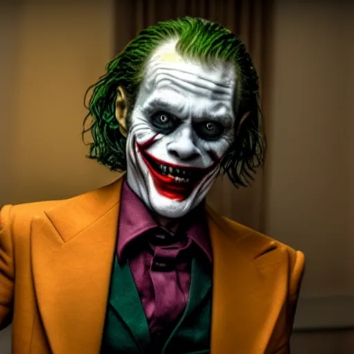 Prompt: Film still of Willem Dafoe as the Joker, from Joker (2019), Kodachrome